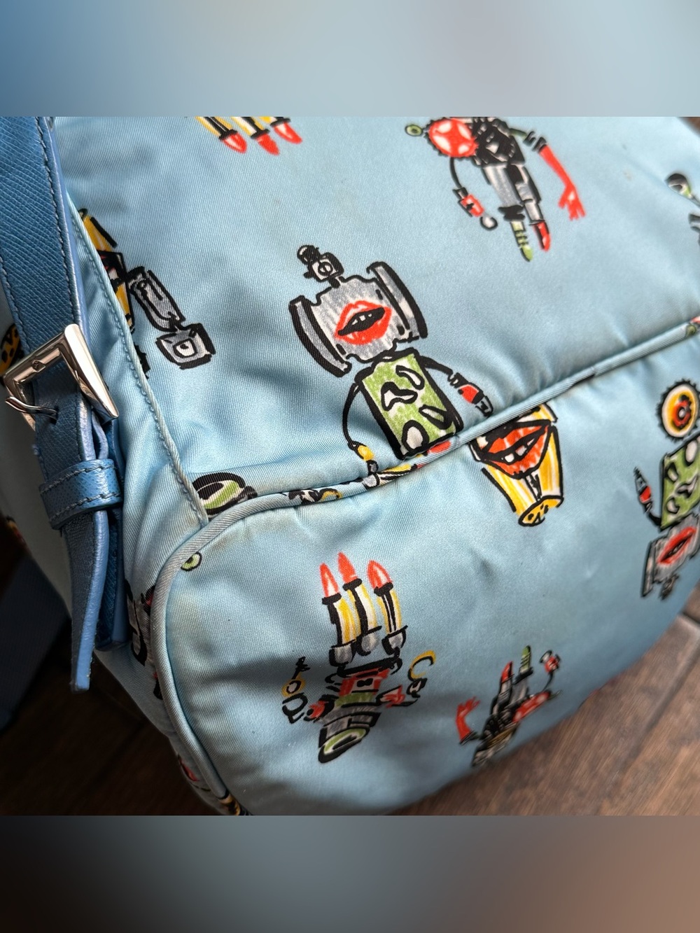 PRADA Azzurro Tessuto Nylon Robot Print Backpack 1BZ032 - Picture 11 of 14